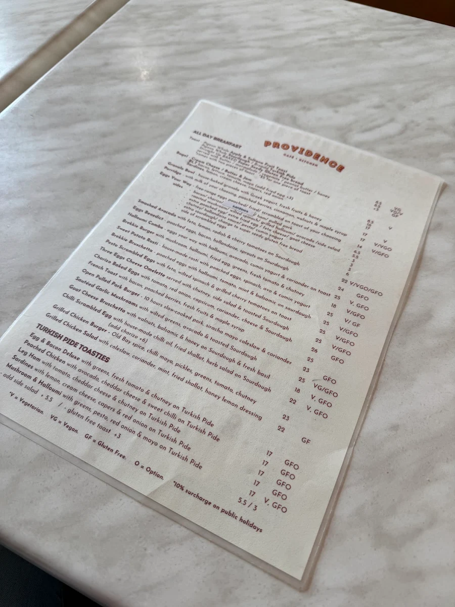 Menu, Providence Cafe & Bar