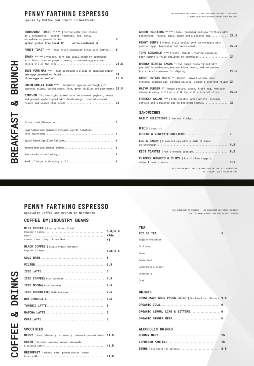 Menu, Penny Farthing Espresso