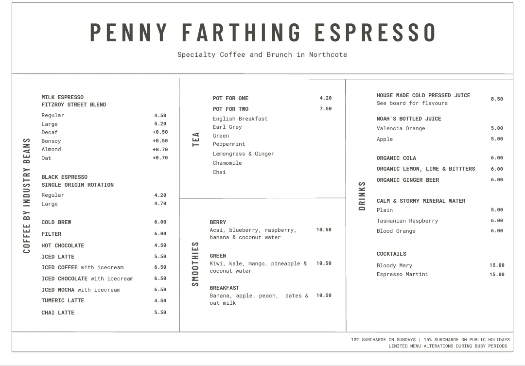 Menu, Penny Farthing Espresso