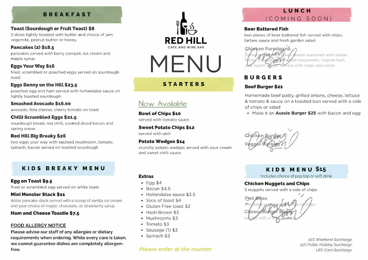 Menu, Our Place | Red Hill South