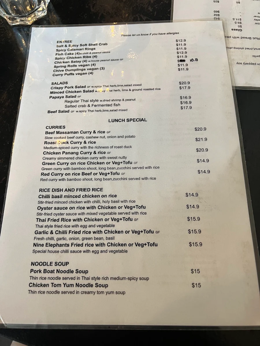 Menu, Nine Elephants Thai Restaurant
