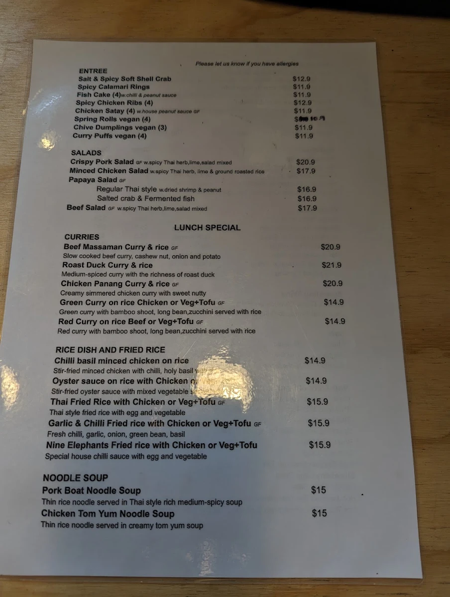 Menu, Nine Elephants Thai Restaurant
