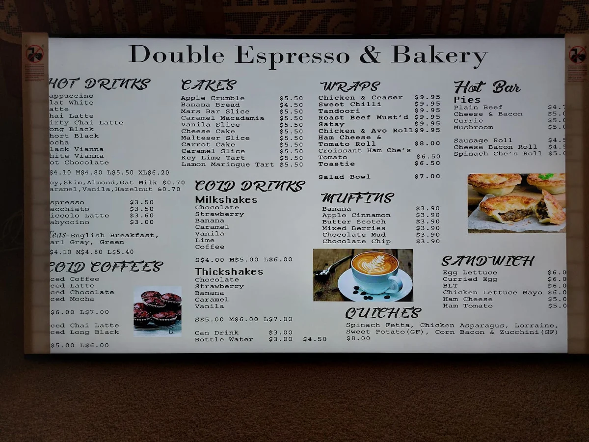Menu, Double espresso & bakery