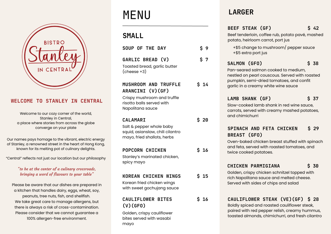 Menu, Stanley In Central