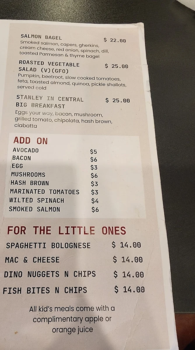 Menu, Stanley In Central