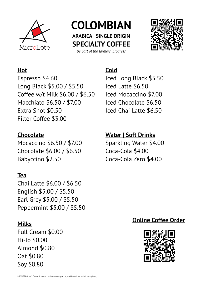 Menu, Micro Lote Coffee