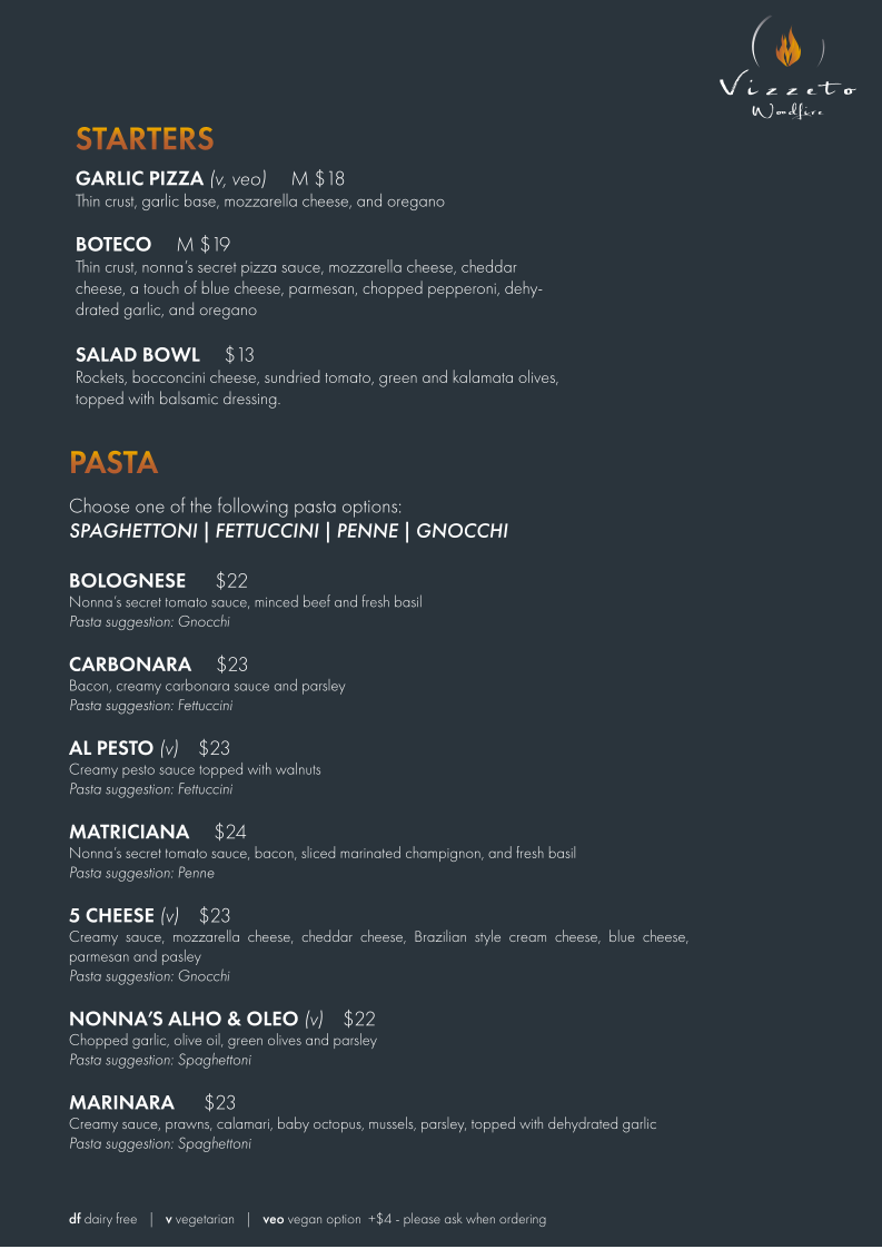 Menu, Vizzeto Woodfire