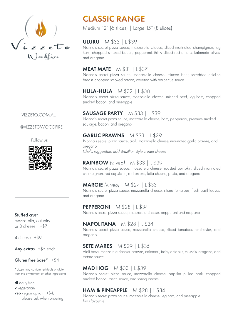 Menu, Vizzeto Woodfire