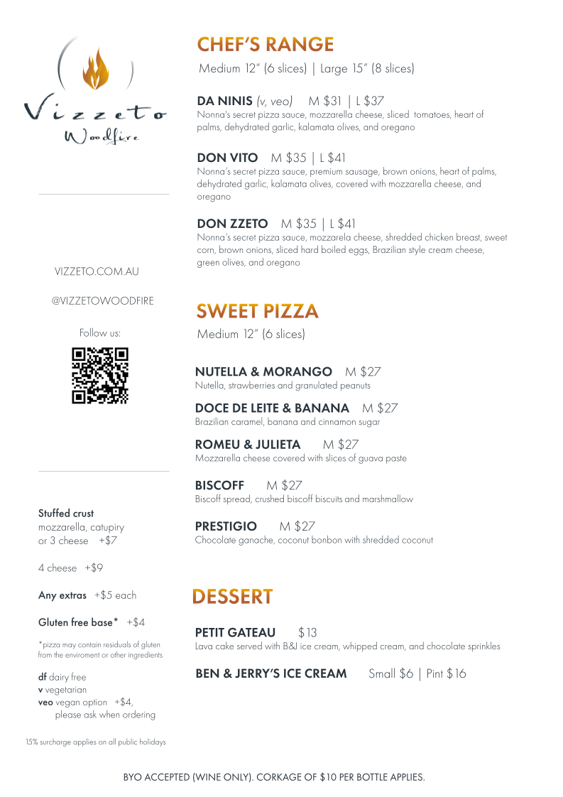 Menu, Vizzeto Woodfire