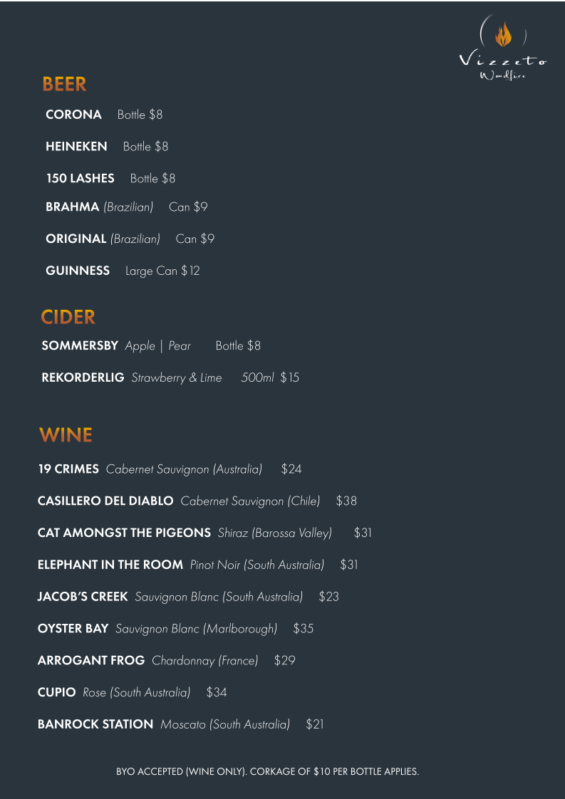 Menu, Vizzeto Woodfire