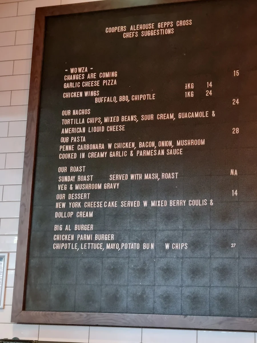 Menu, Coopers Alehouse Gepps Cross