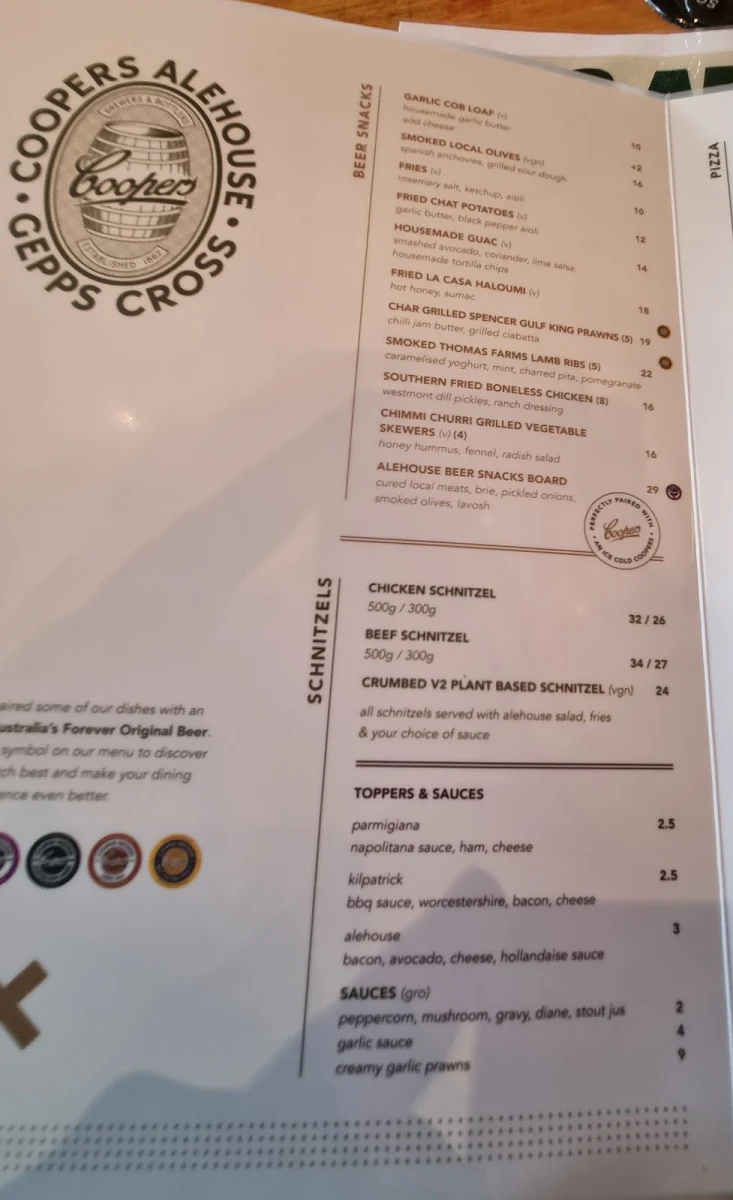 Menu, Coopers Alehouse Gepps Cross