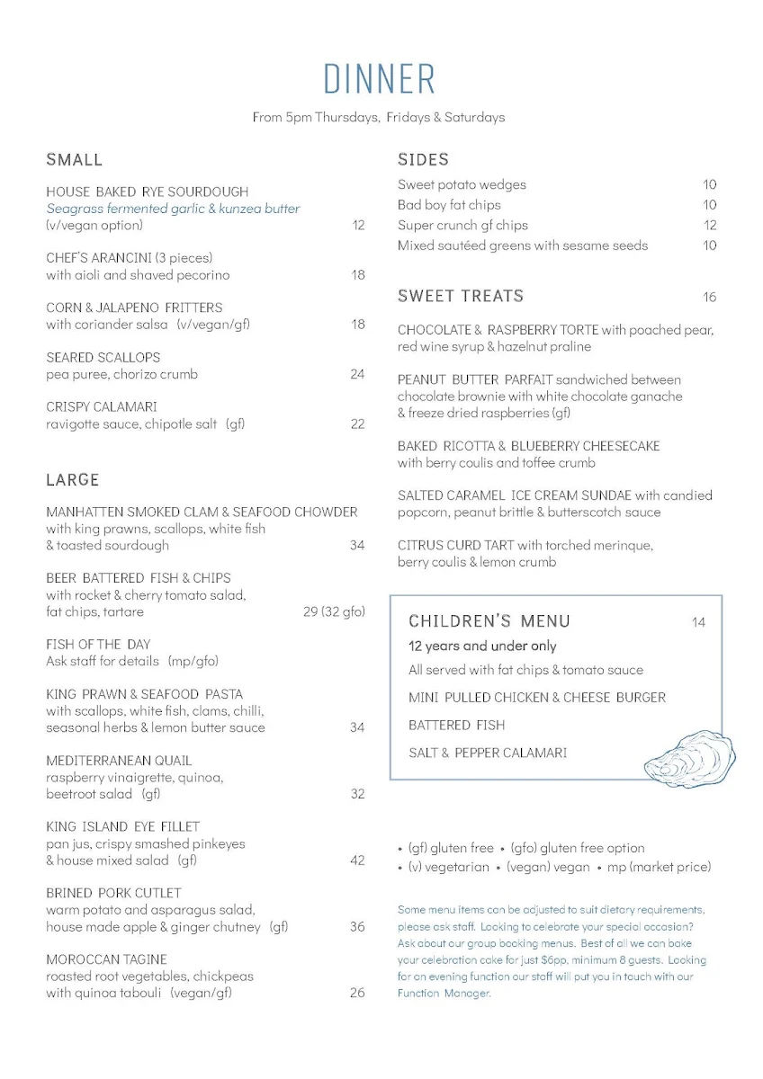 Menu, Seagrass Long Point