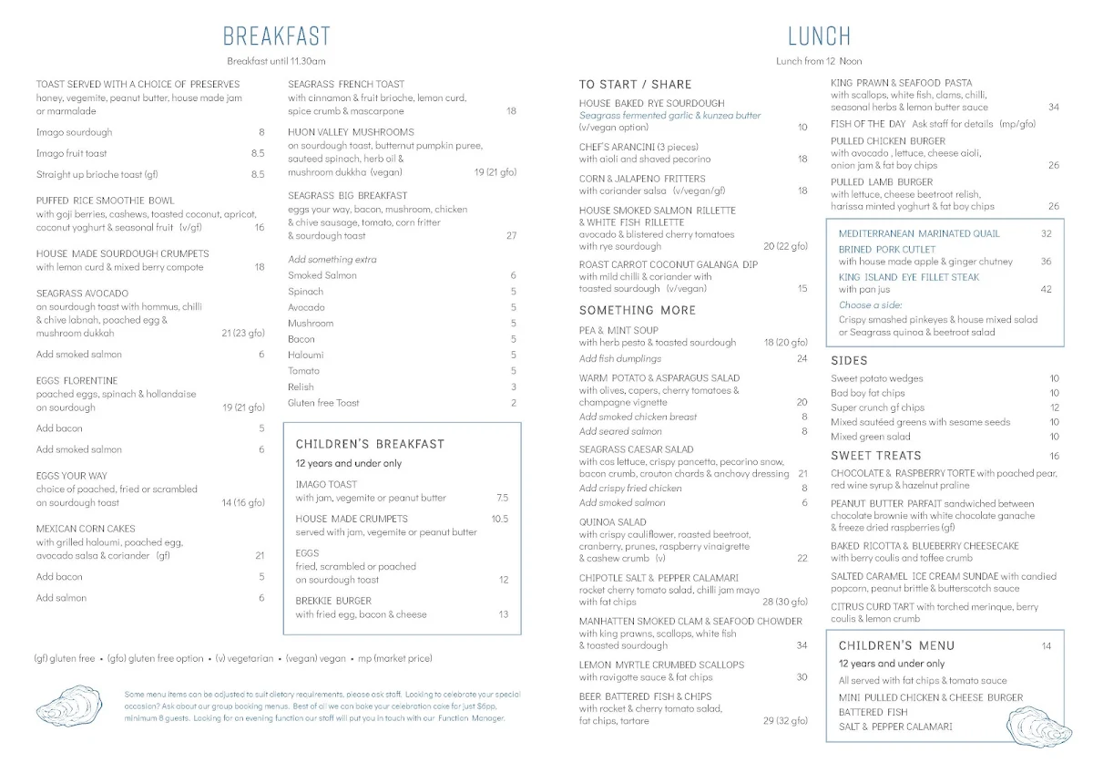 Menu, Seagrass Long Point