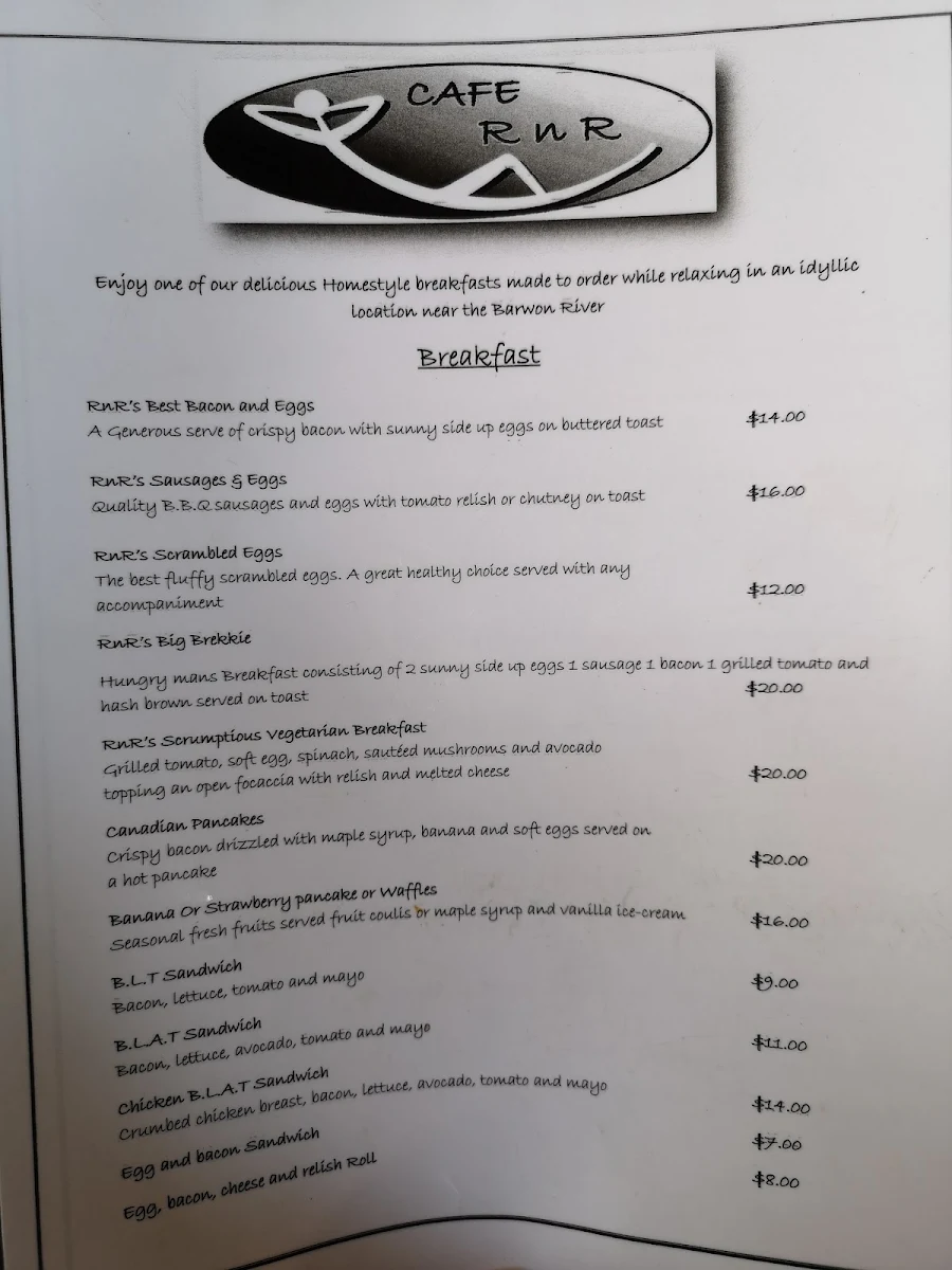 Menu, Cafe R n R