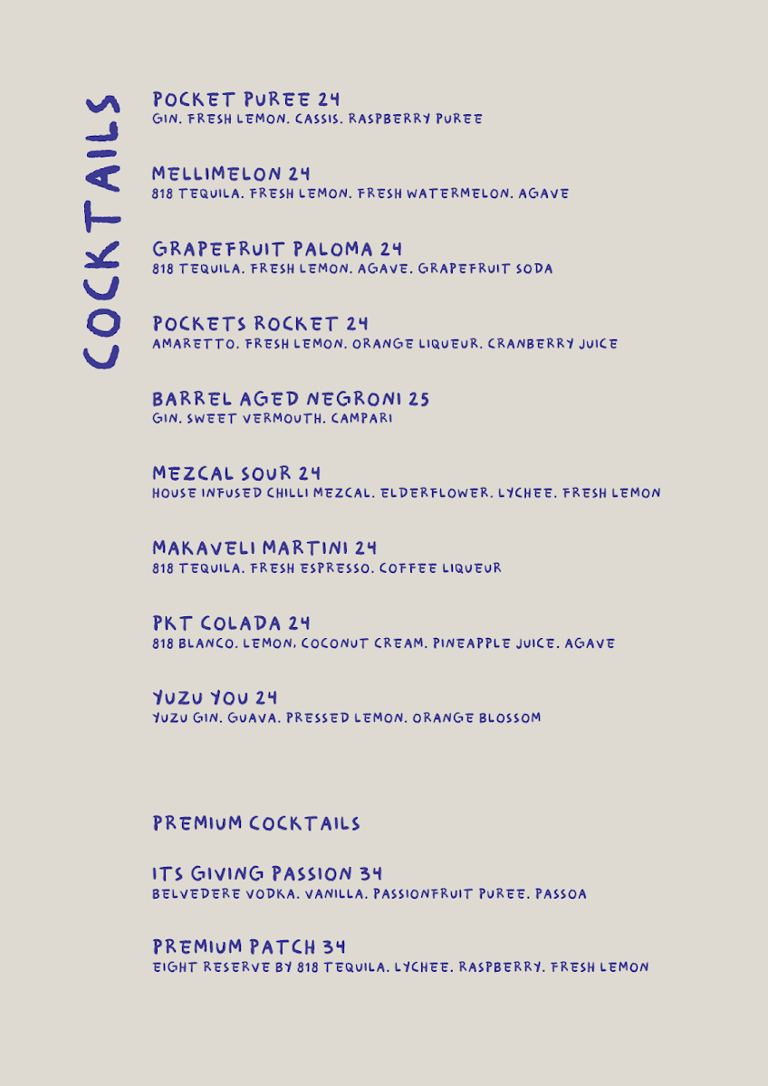Menu, Pocket Bondi