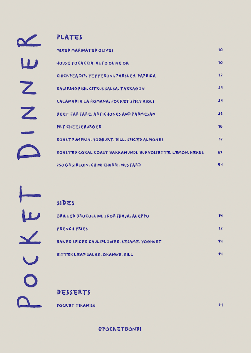 Menu, Pocket Bondi