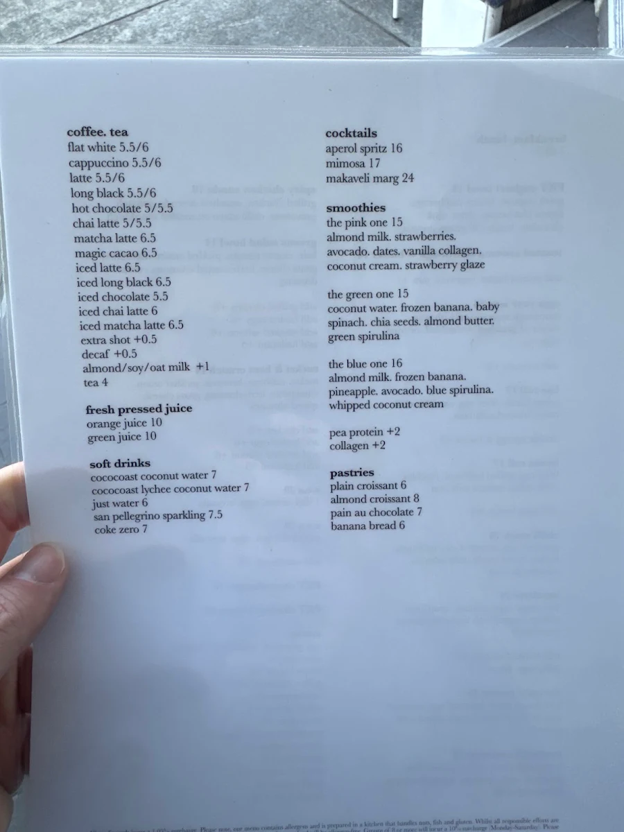 Menu, Pocket Bondi
