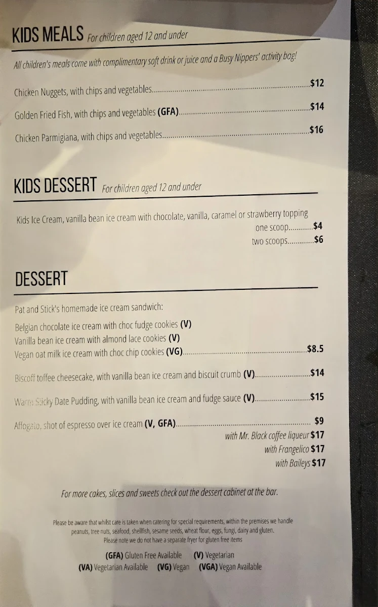 Menu, Sir Henry Barkly Hotel
