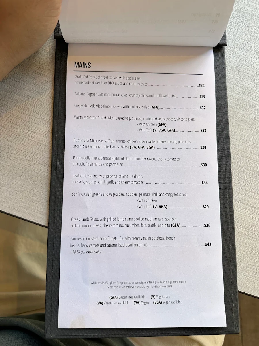 Menu, Sir Henry Barkly Hotel