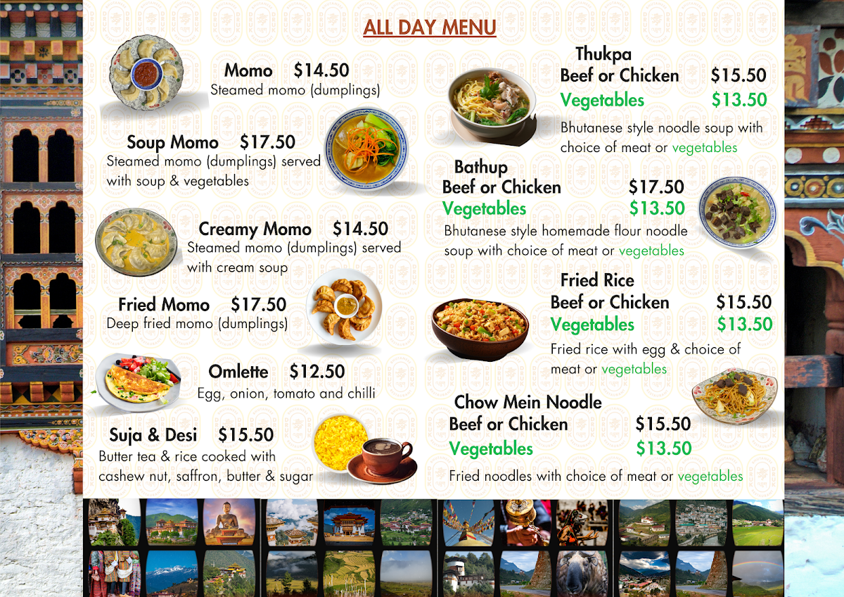 Menu, Druk Cafe & Bhutanese Restaurant