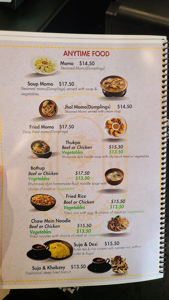 Menu, Druk Cafe & Bhutanese Restaurant