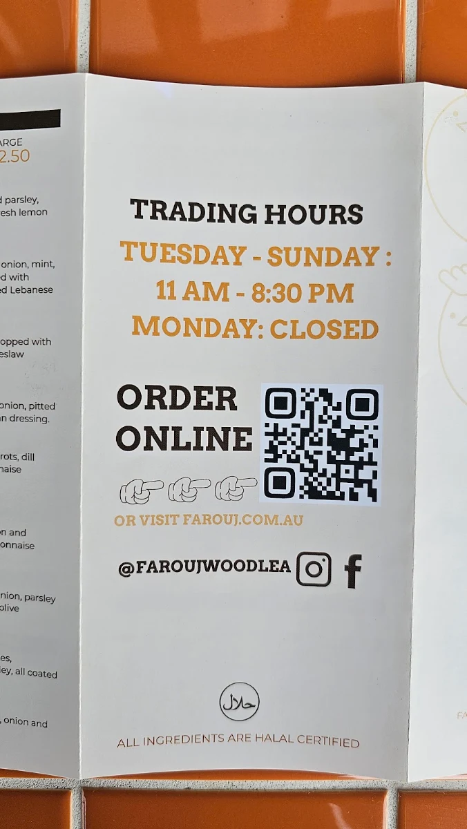 Menu, Farouj - Woodlea Town Centre