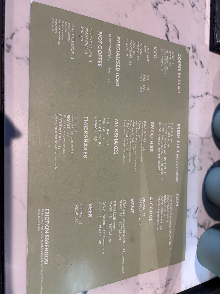 Menu, Friction Essendon
