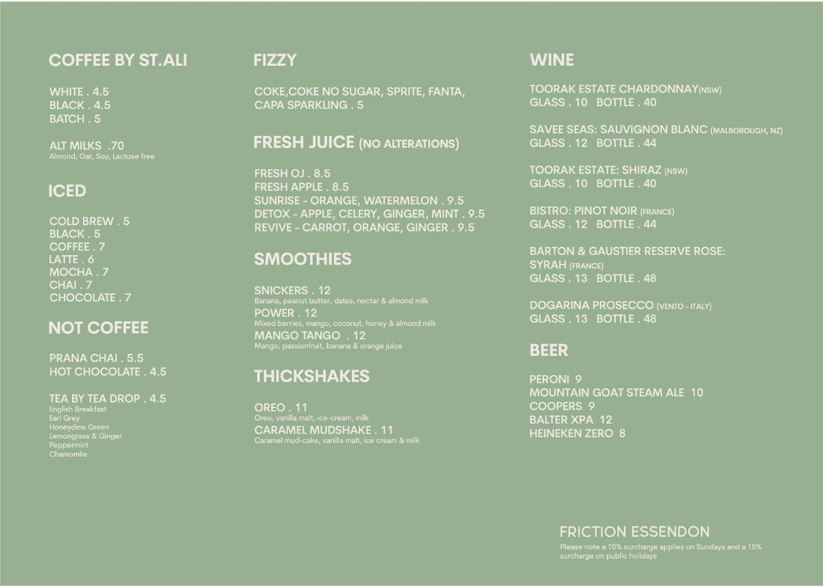Menu, Friction Essendon