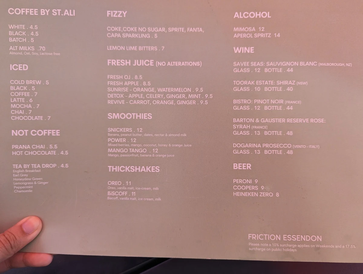 Menu, Friction Essendon