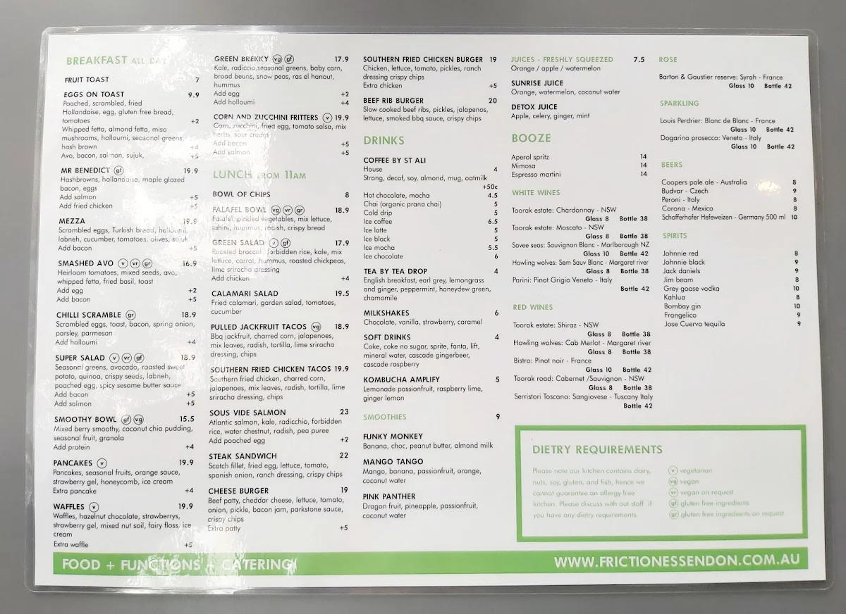 Menu, Friction Essendon