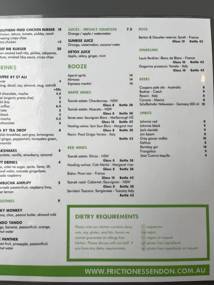 Menu, Friction Essendon