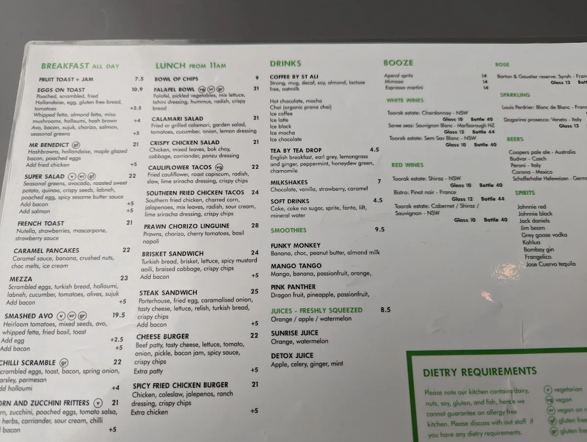 Menu, Friction Essendon