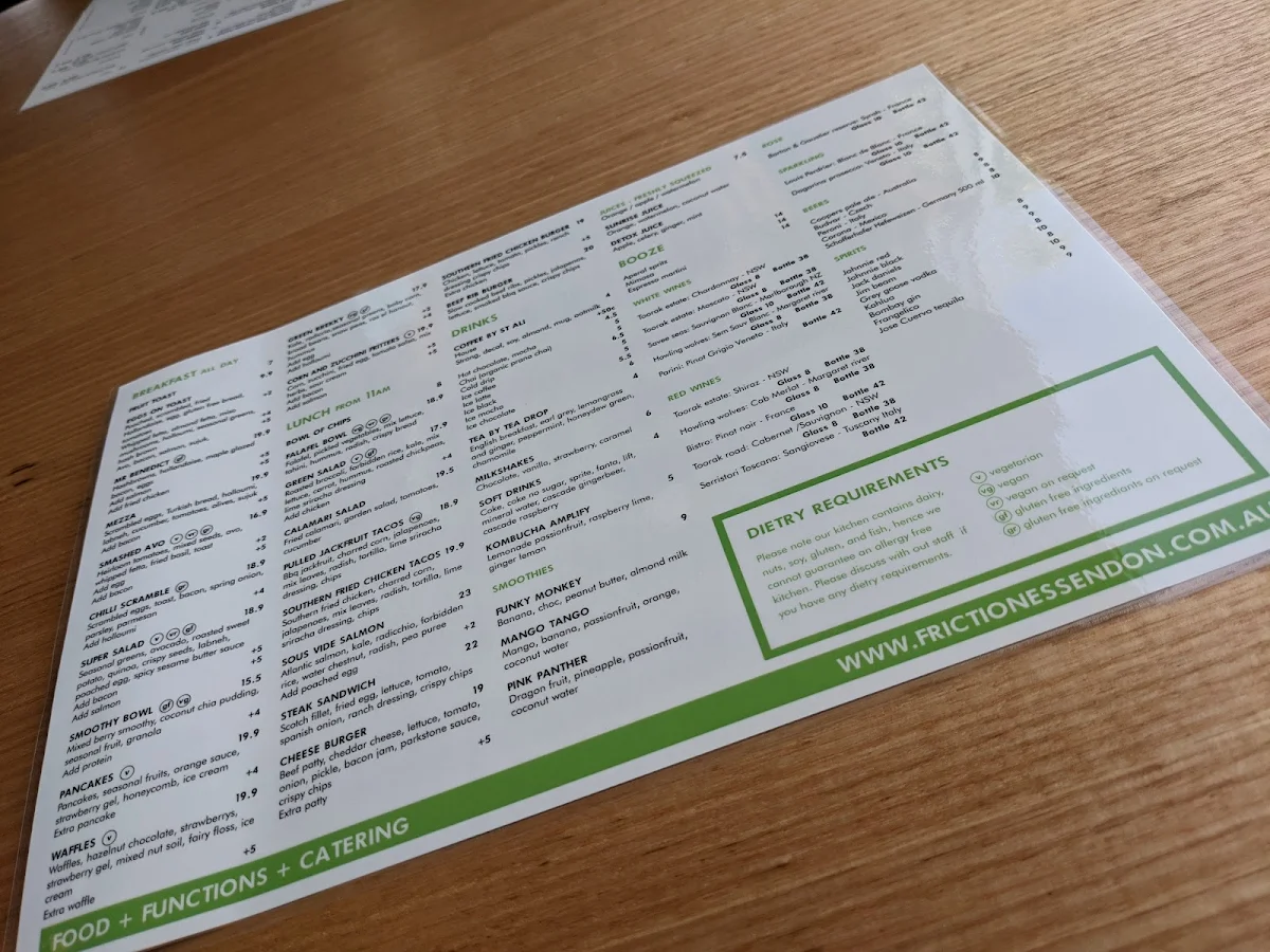 Menu, Friction Essendon