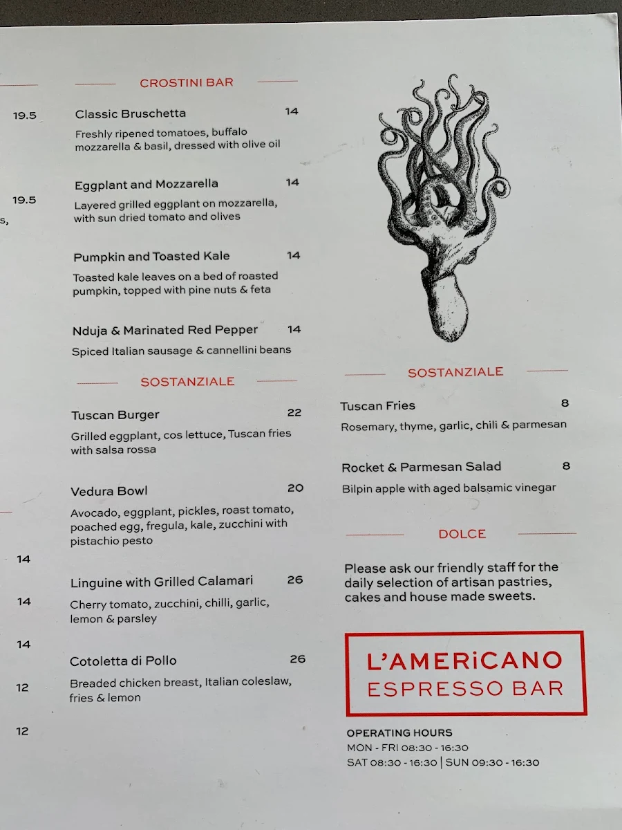 Menu, L'Americano Espresso Bar