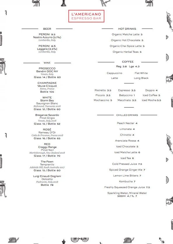 Menu, L'Americano Espresso Bar