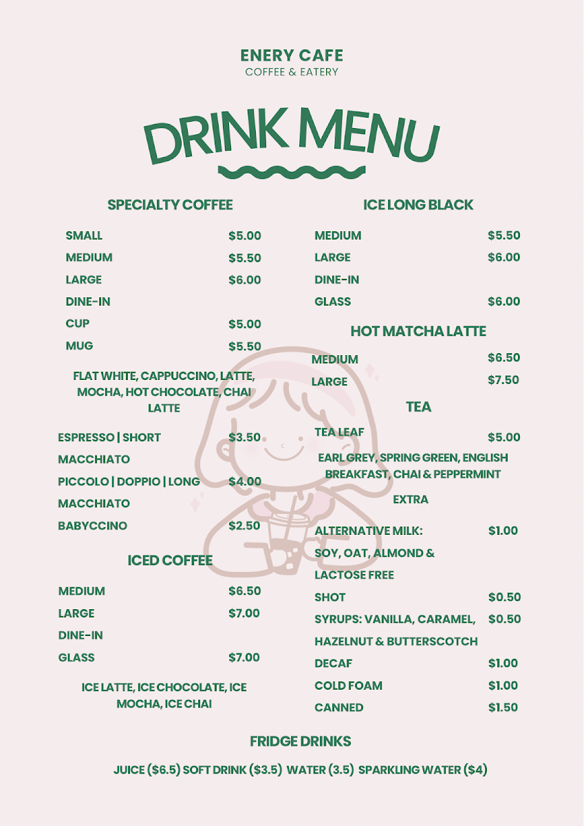 Menu, ENERY cafe