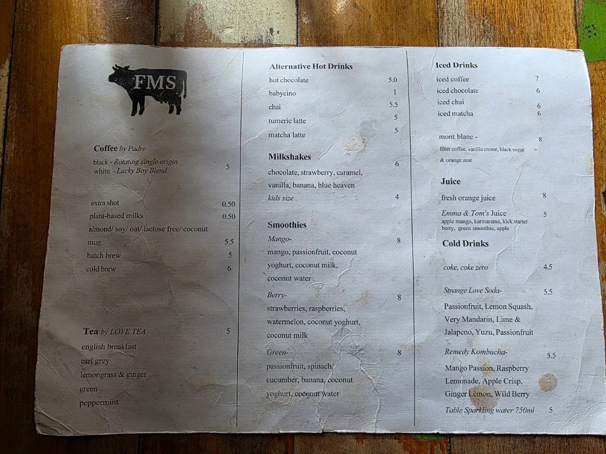 Menu, Footscray Milking Station