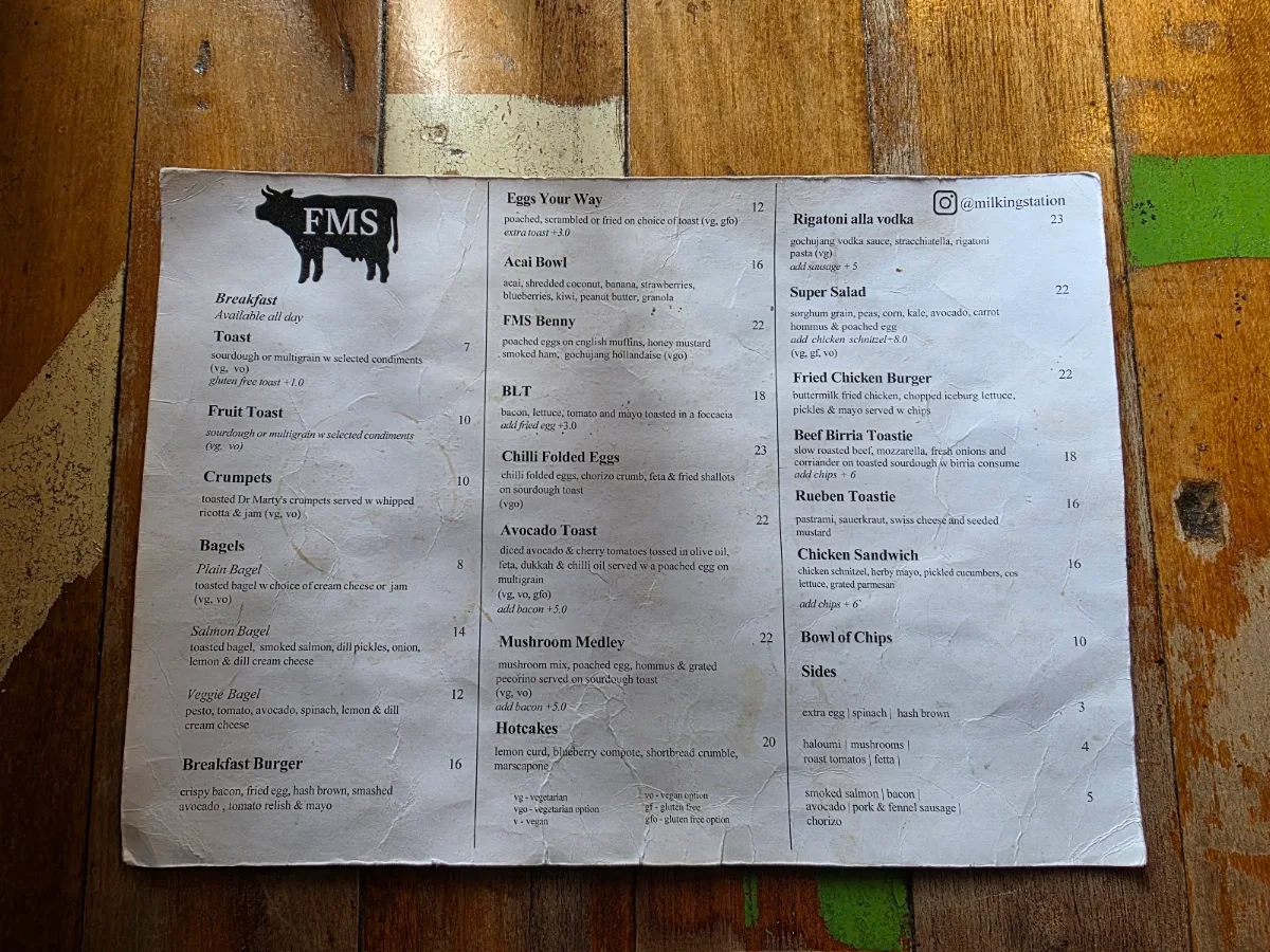 Menu, Footscray Milking Station