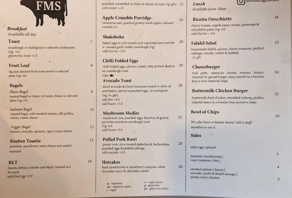 Menu, Footscray Milking Station