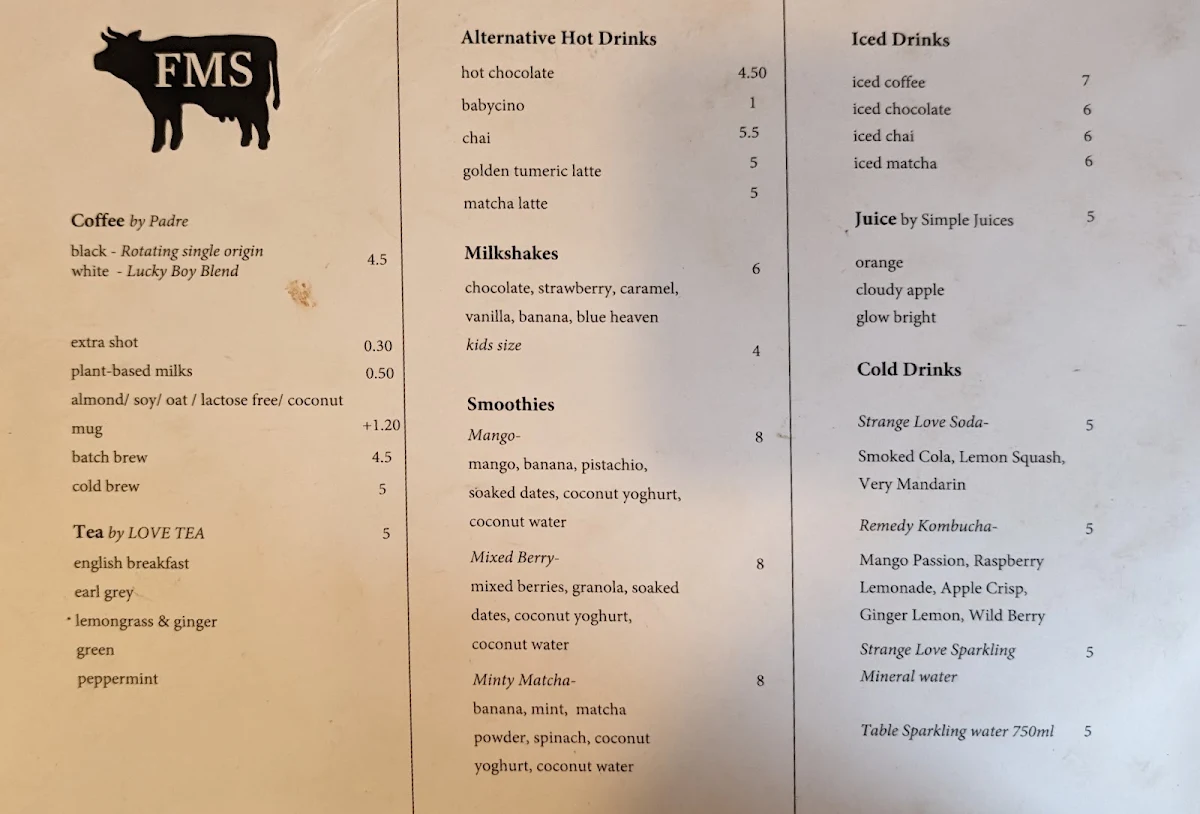 Menu, Footscray Milking Station
