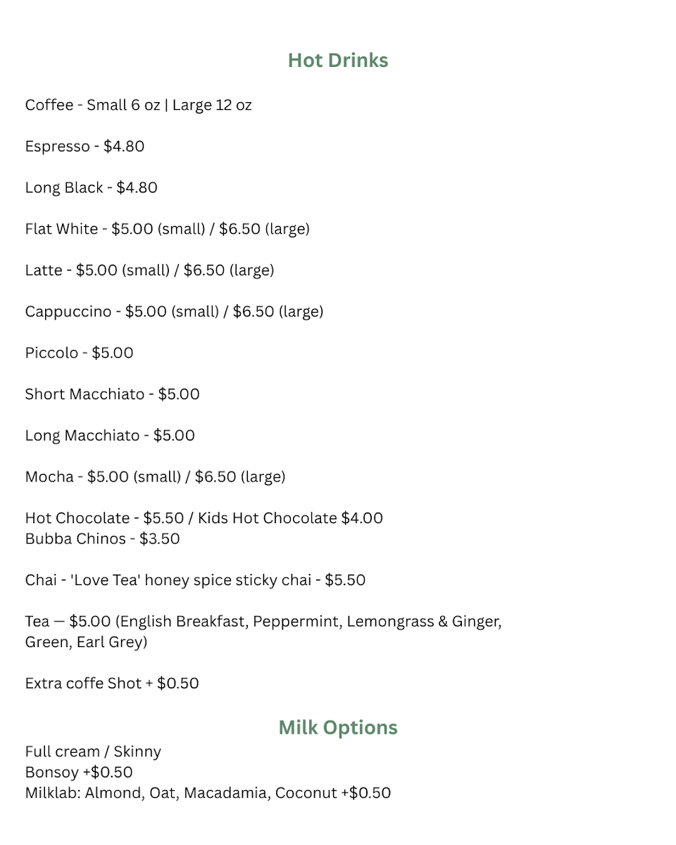 Menu, Hidden Nook Cafe