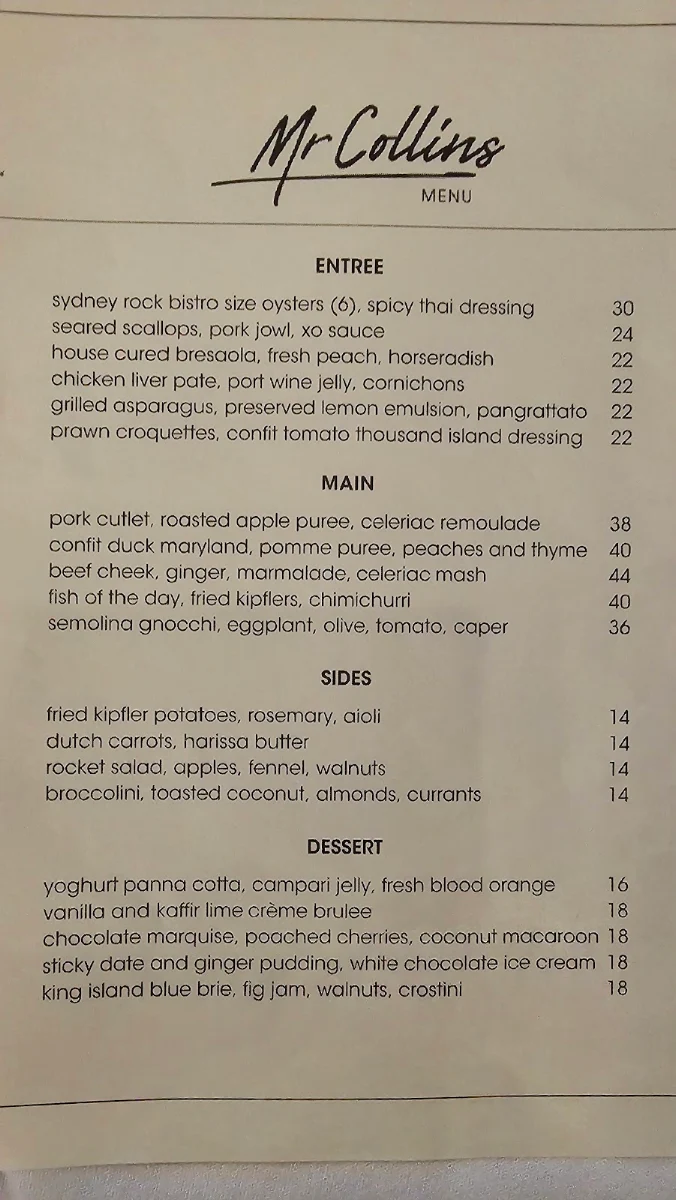 Menu, Mr Collins of Leura