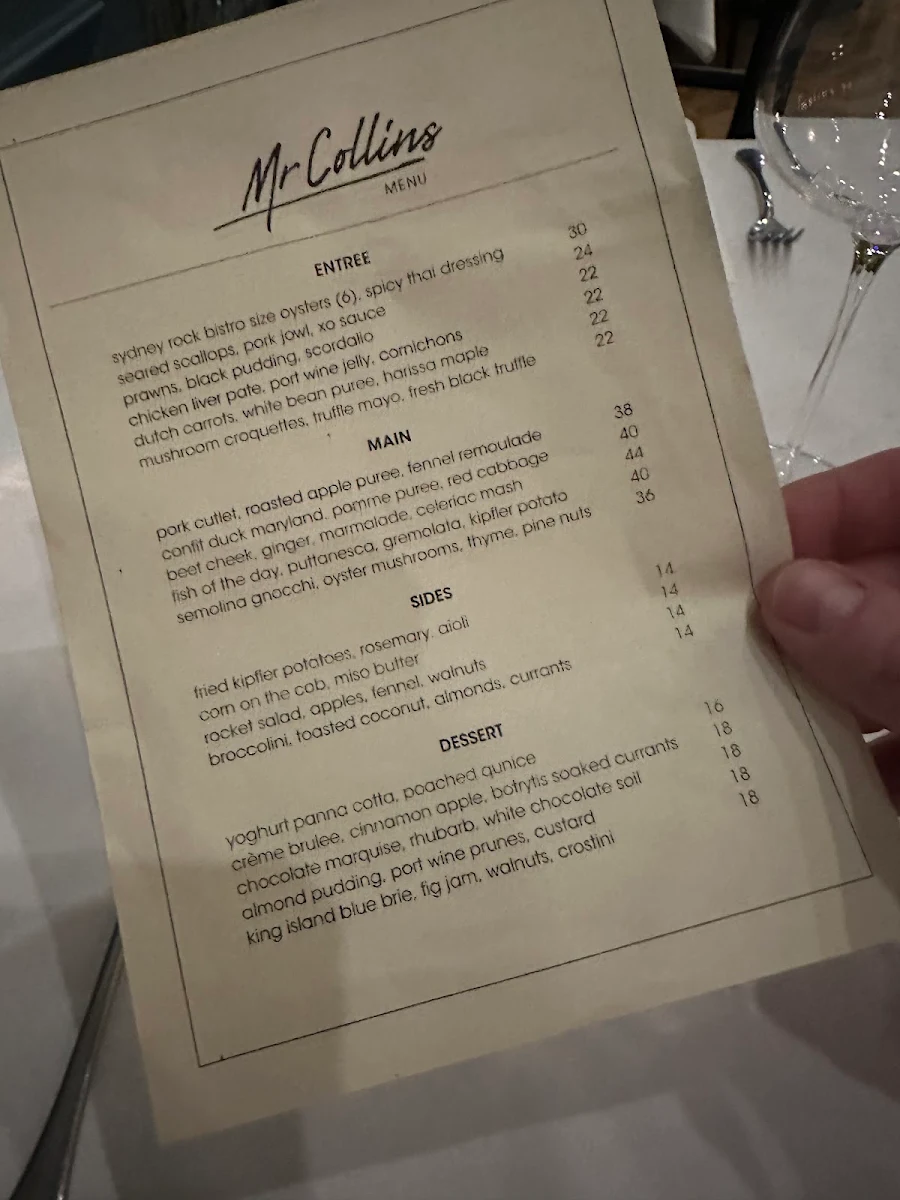 Menu, Mr Collins of Leura