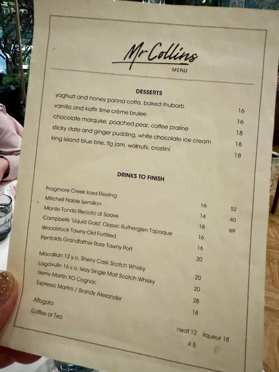 Menu, Mr Collins of Leura
