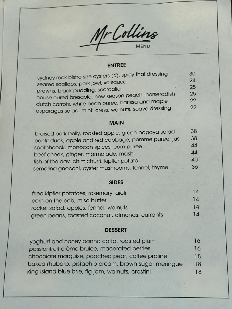 Menu, Mr Collins of Leura