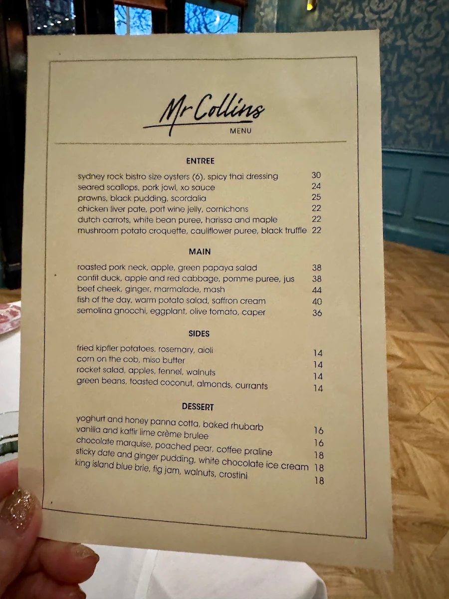 Menu, Mr Collins of Leura