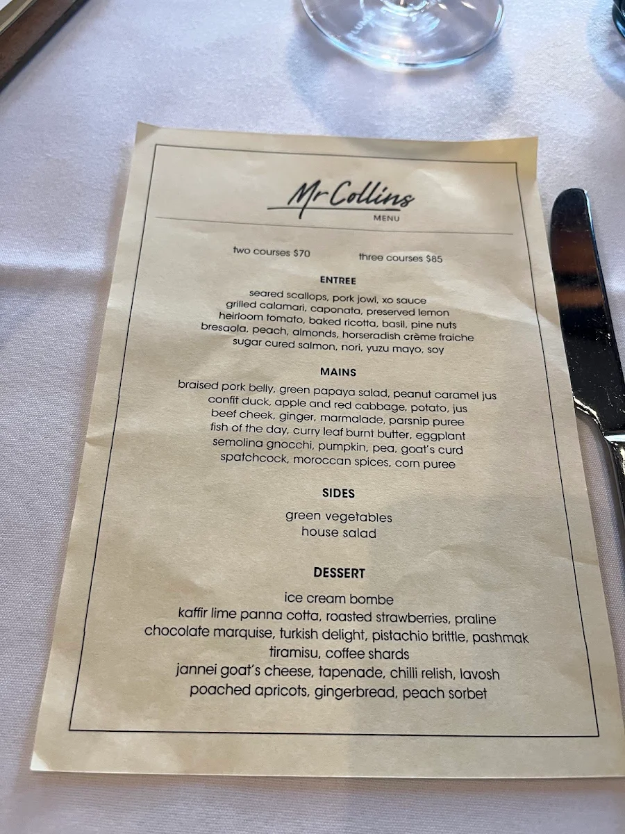 Menu, Mr Collins of Leura