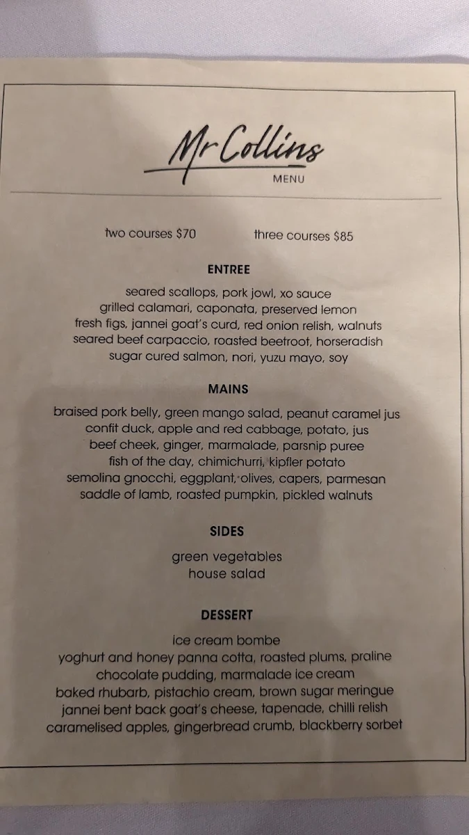 Menu, Mr Collins of Leura