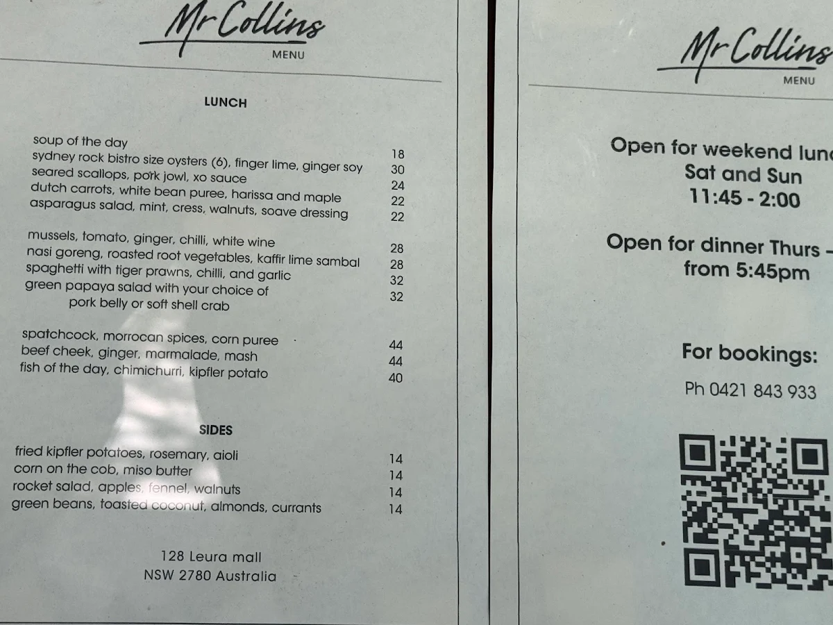 Menu, Mr Collins of Leura